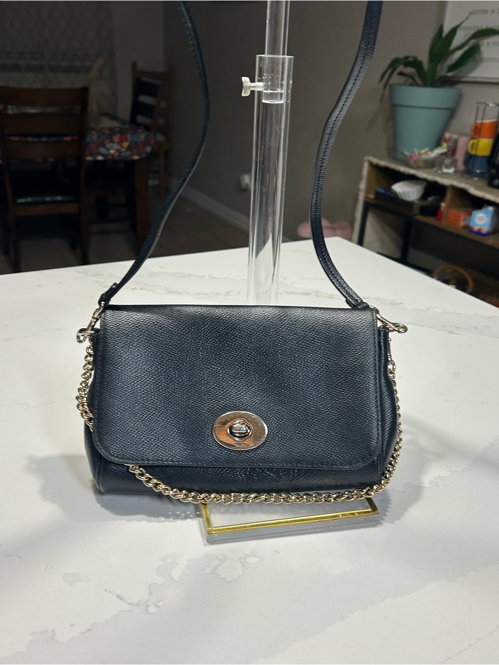 Coach Black Leather Crossbody with Gold Chain and Turn-Lock